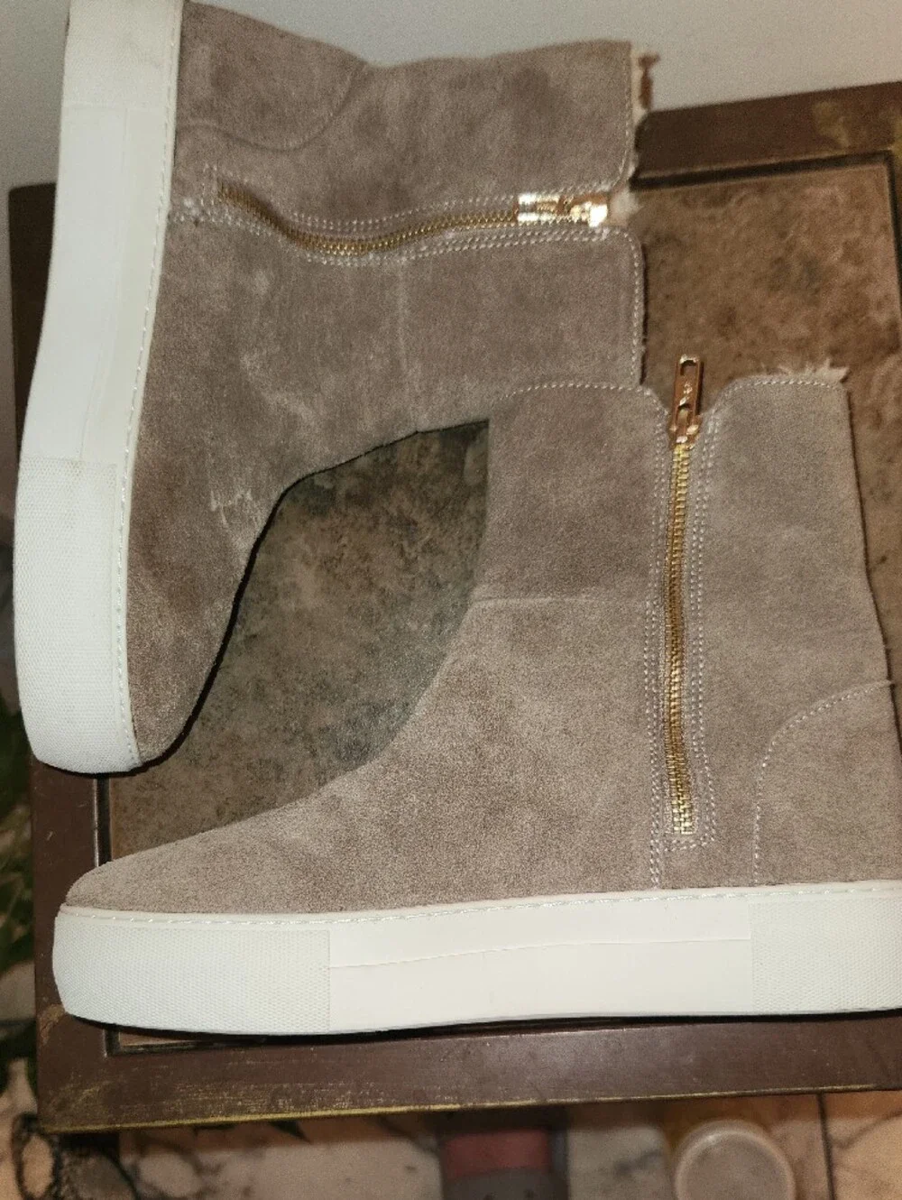 J Slides Taupe Suede Faux-Fur Lined Ankle Boots with Gold Hardware